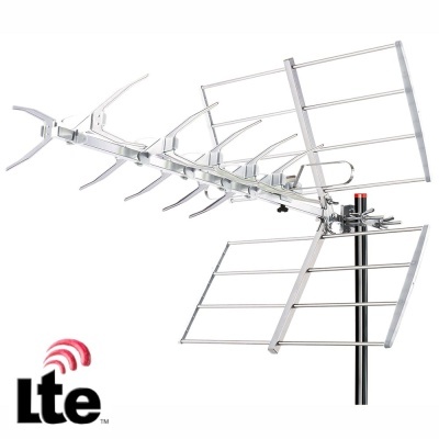 Antena metálica prateada para sinais LTE com logotipo