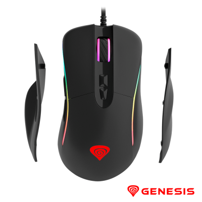 Rato de computador preto com iluminação RGB e logótipo GENESIS vermelho