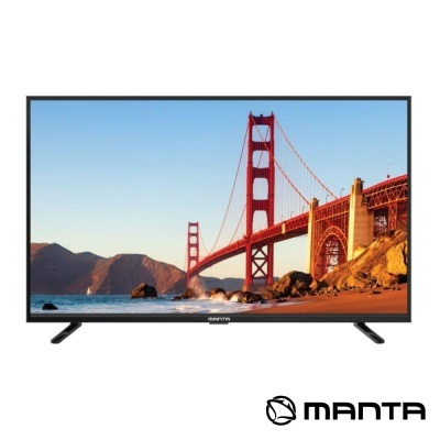 Televisor preto da marca MANTA com ecrã plano e imagem da Ponte Golden Gate