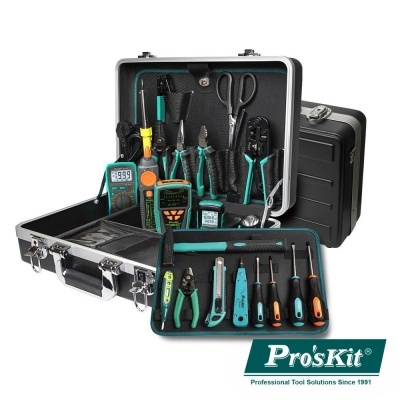 Kit de ferramentas Pro'sKit num estojo metálico preto aberto, mostrando várias ferramentas organizadas.