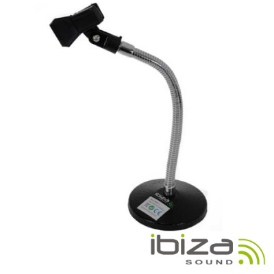 Suporte para microfone preto com braço flexível metálico e base redonda