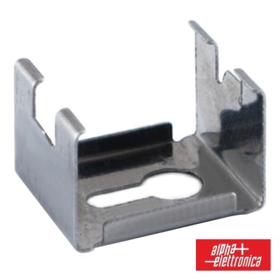 Suporte metálico prateado com recortes sobre fundo branco e logótipo alpha elettronica