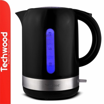 Chaleira elétrica preta Techwood com visor azul e base aço inox