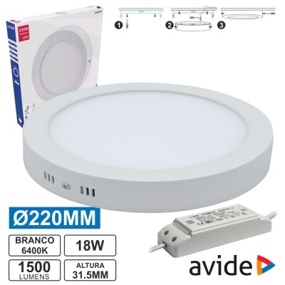 Painel LED circular branco de 220mm da Avide com transformador e embalagem