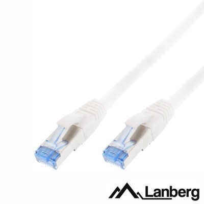 Cabo de rede branco com conectores RJ45 transparentes com detalhes azuis