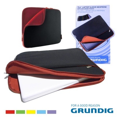 Mala para portátil preta com interior vermelho em neoprene e embalagem Grundig