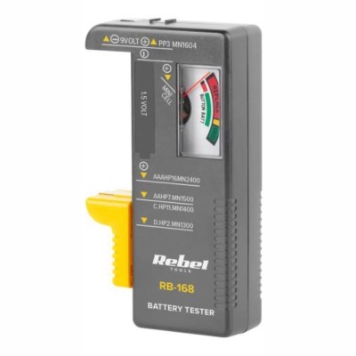 Medidor de bateria Rebel Tools RB-168 cinza escuro com detalhes amarelos e escala de nível visível
