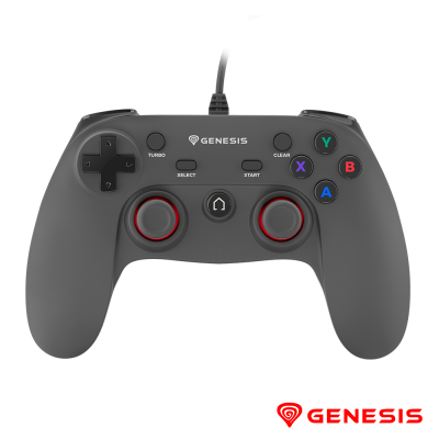 Comando de jogos wired preto com botões coloridos e joysticks analógicos