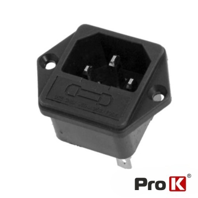 Tomada elétrica de plástico preto com três pinos e fixação