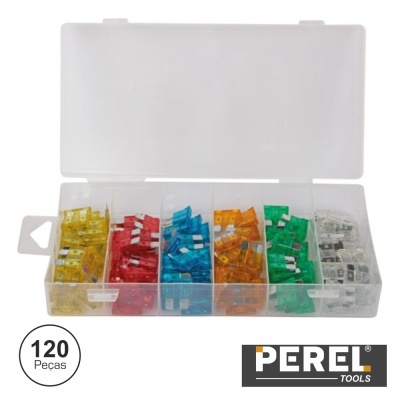 Caixa transparente com 120 fusíveis automóveis coloridos organizados e marca PEREL TOOLS