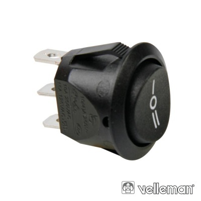 Interruptor basculante preto com símbolo liga/desliga branco e três terminais metálicos