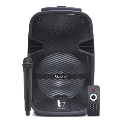 Coluna de som portátil preta com microfone e comando remoto preto