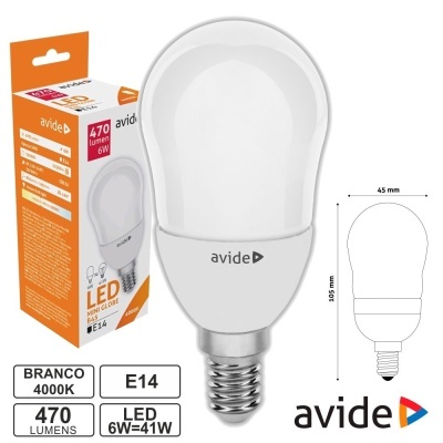 LÂMPADA LED E14 GLOBO B45 6W 230V 4000K 470LM AVIDE