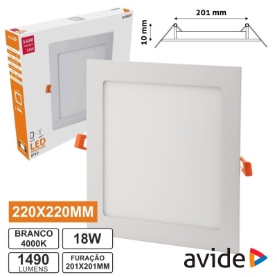 Painel LED quadrado branco 220x220 mm 18W 4000K avide