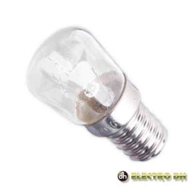 Lâmpada incandescente pequena em fundo branco com logótipo ELECTRO DH