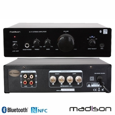 Amplificador estéreo Hi-Fi preto Madison com botões e conexões RCA