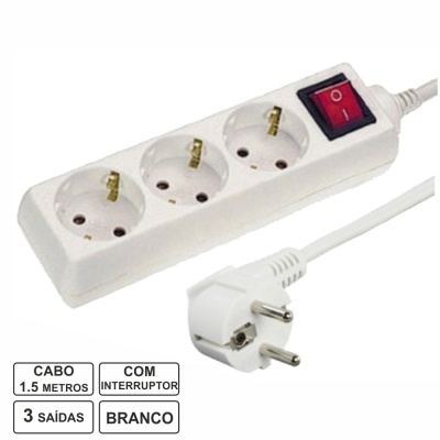 TOMADA ELÉTRICA C 3 SAÍDAS INTERRUPTOR 1.5M BRANCO