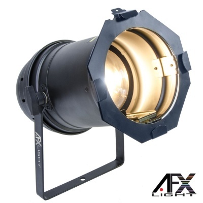 Luz cênica AFX LIGHT preta com interior dourado e suporte ajustável, sobre fundo branco