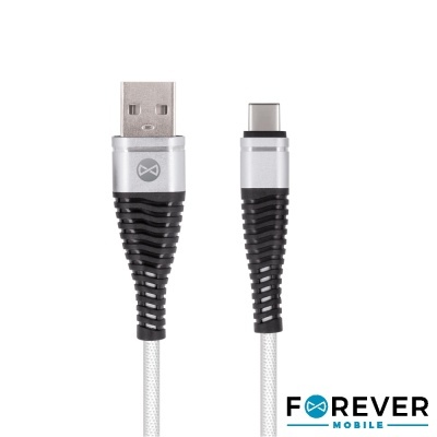 Cabo USB tipo A para USB tipo C com revestimento branco e preto e logótipo Forever Mobile