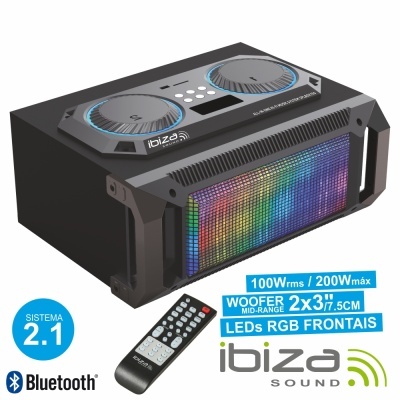 SISTEMA SOM PORTÁTIL 2.1 200Wmáx USBBTFMREC LEDS IBIZA