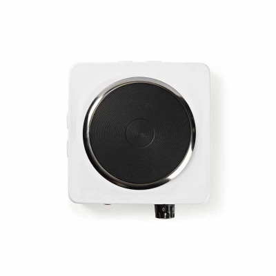 Placa de fogão eléctrica portátil branca com superfície redonda preta e botão de controlo