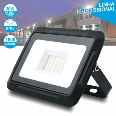 Projetor LED preto com LEDs e texto promocional em fundo azul