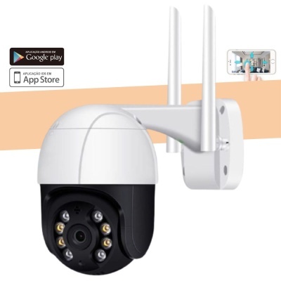 Câmara de vigilância branca e preta com antenas e LEDs montada na parede