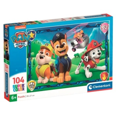 Caixa de quebra-cabeças Paw Patrol com 104 peças, indicado para maiores de 6 anos.