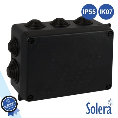 Caixa de derivação elétrica preta com tampas de rosca, selo de qualidade e logótipo Solera