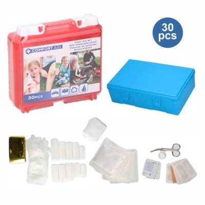 Caixa de primeiros socorros vermelha com 30 peças, incluindo curativos e tesoura, com caixa azul ao lado