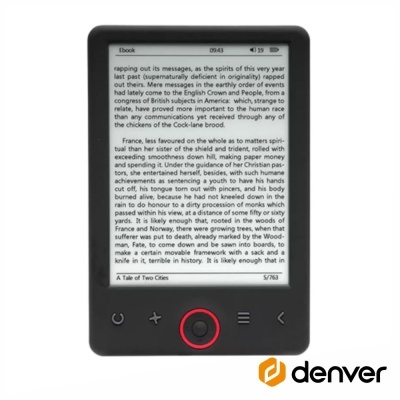 Leitor de ebooks preto Denver com botão circular vermelho e texto visível no ecrã