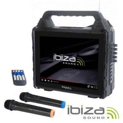 Sistema de som portátil preto ibiza sound com microfones e comando remoto