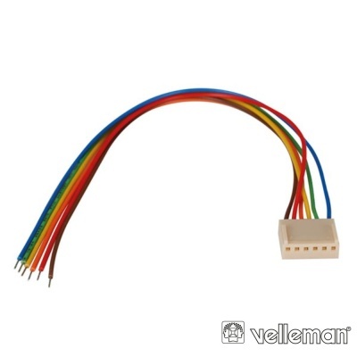 Conetor branco com seis fios coloridos ligados e logotipo Velleman