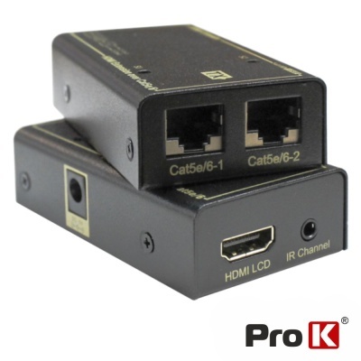 Adaptador preto com conectores RJ45 e HDMI, logotipo Pro K