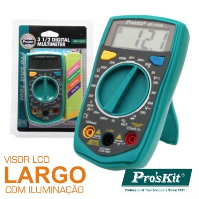 Multímetro digital Pro'sKit com visor LCD grande e iluminação em verde e preto