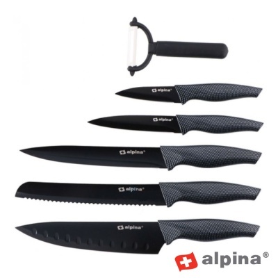 Conjunto de facas Alpina com lâminas pretas e cabos cinza texturizados e um descascador preto