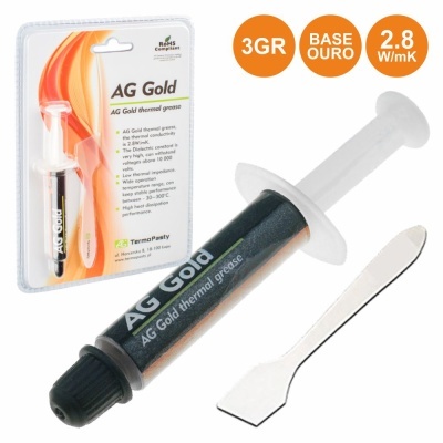 Syringe of AG Gold thermal grease with metallic spatula and packaging