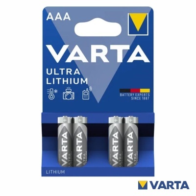 Embalagem de quatro pilhas AAA VARTA Ultra Lithium em azul e branco