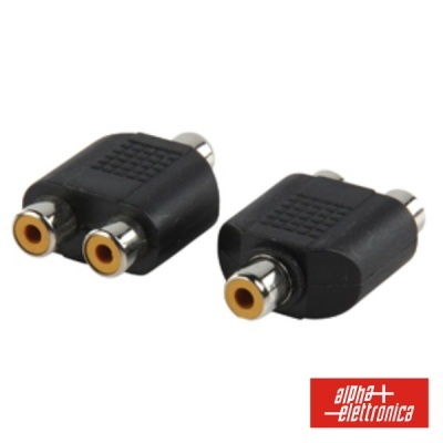 Adaptador de áudio RCA preto com conetores amarelos e logótipo Alpha Elettronica