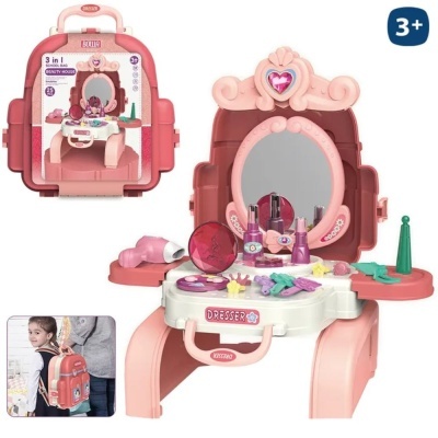 Mala mochila 3 em 1 em plástico cor de rosa e branco com espelho oval e acessórios de brinquedo