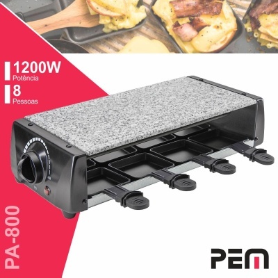 Aparelho elétrico raclette com placa de pedra cinza e frigideiras pretas para 8 pessoas