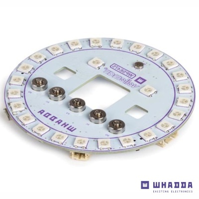 Placa eletrónica circular branca com LEDs num anel e componentes metálicos