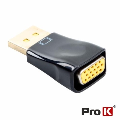 Adaptador USB para VGA preto com terminais dourados e selo Pro K