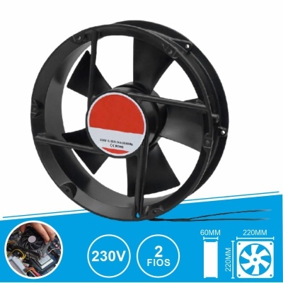 Ventoinha axial preta com seis pás e etiqueta central vermelha e branca