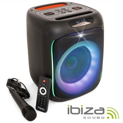 Coluna de som portátil Ibiza Sound preta com luzes LED, microfone e comando remoto