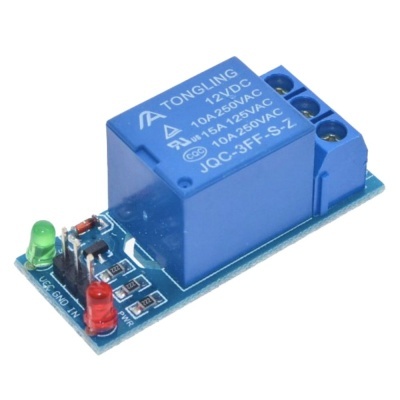 Relé azul TONGLING 12VDC em placa com LEDs verde e vermelho