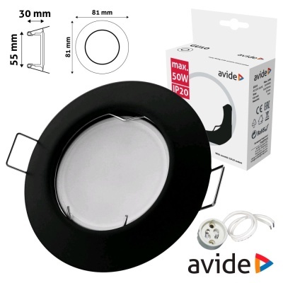 Refletor embutido redondo preto com suporte para lâmpada GU10 e embalagem avide