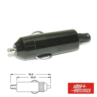 Carregador de carro preto com diagramas de dimensões e logotipo ALPHA ELETTRONICA.