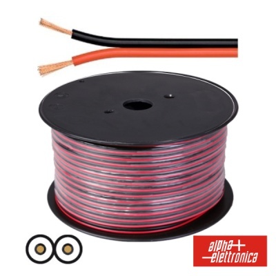 Carretel de fio elétrico bicolor preto e vermelho com cobre exposto