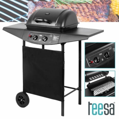 Grelhador a gás preto com rodas e grelha interna da marca teesa.